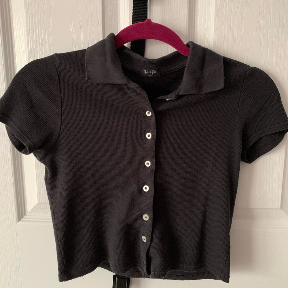 Brandy Melville John Galt Black Button Up Top Crop Top Collared